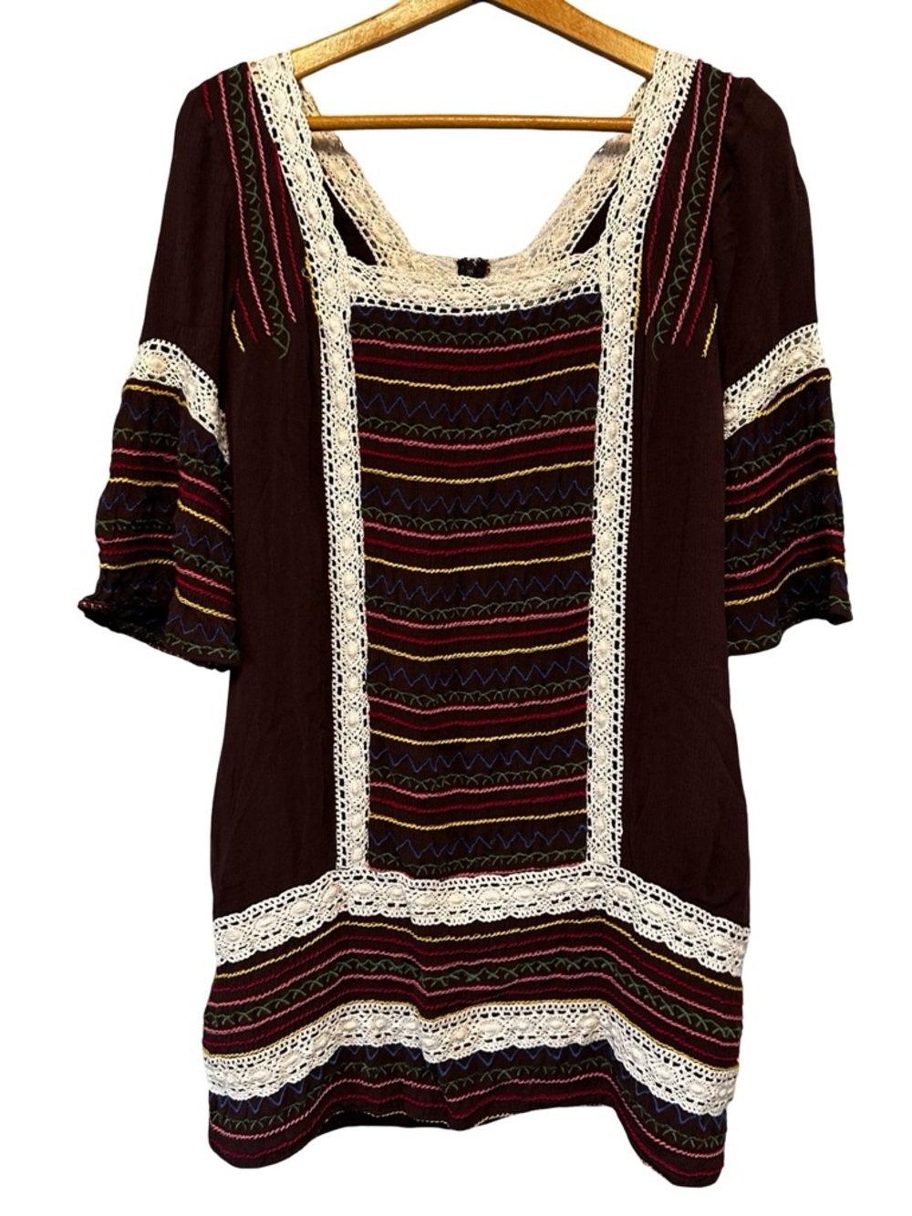 Judith March Boho Embroidered Mini Dress Sz S Brown Lace Peasant Sleeve Festival - Picture 2 of 10